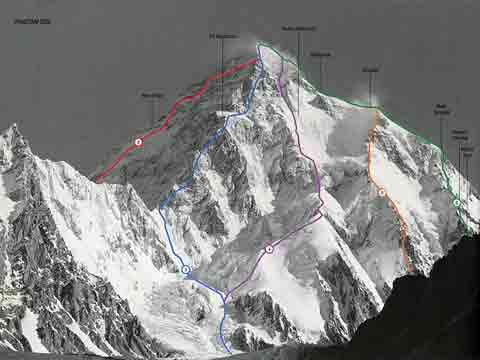 
K2 Pakistani Side Climbing Routes: 2.West Ridge, 3. Southwest Pillar - The Magic Line, 4. South Face Polish Route, 5. South-Southeast Cesen Route, 6. Abruzzi Spur - World Mountaineering: The World's Great Mountains by the World's Great Mountaineers book
